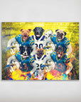 Personalized poster featuring six dogs in blue and yellow football uniforms with helmets, against a fiery yellow background.