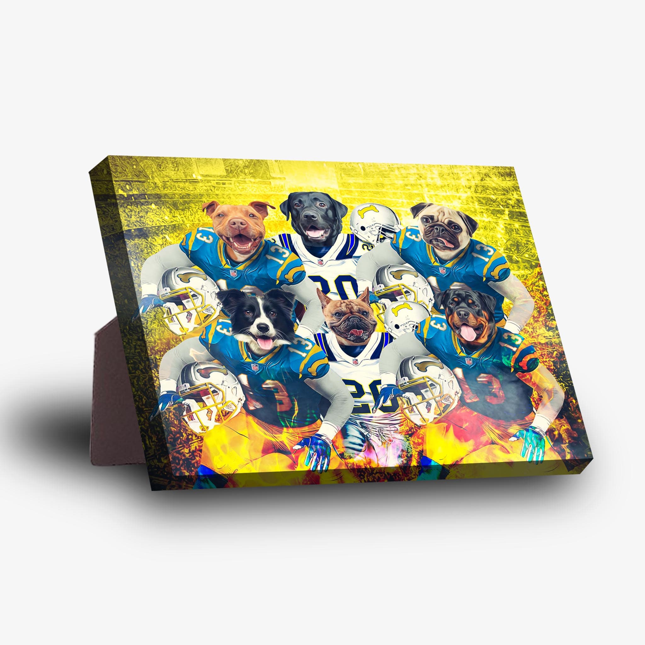 Personalized San Diego Doggos 6-pet standing canvas featuring dogs in football uniforms.