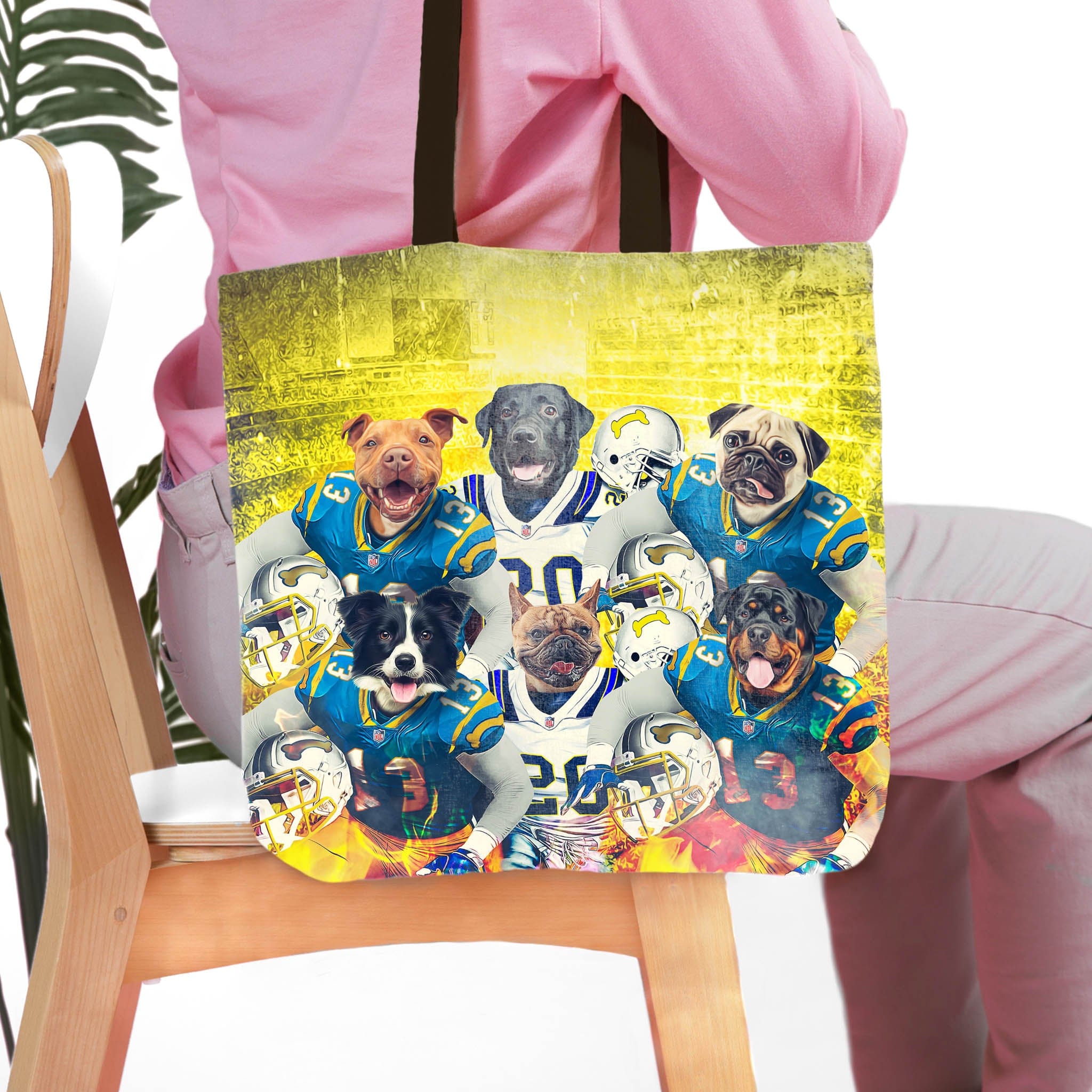 Personalized 6-pet tote bag with dogs in blue and white football jerseys against a yellow background.