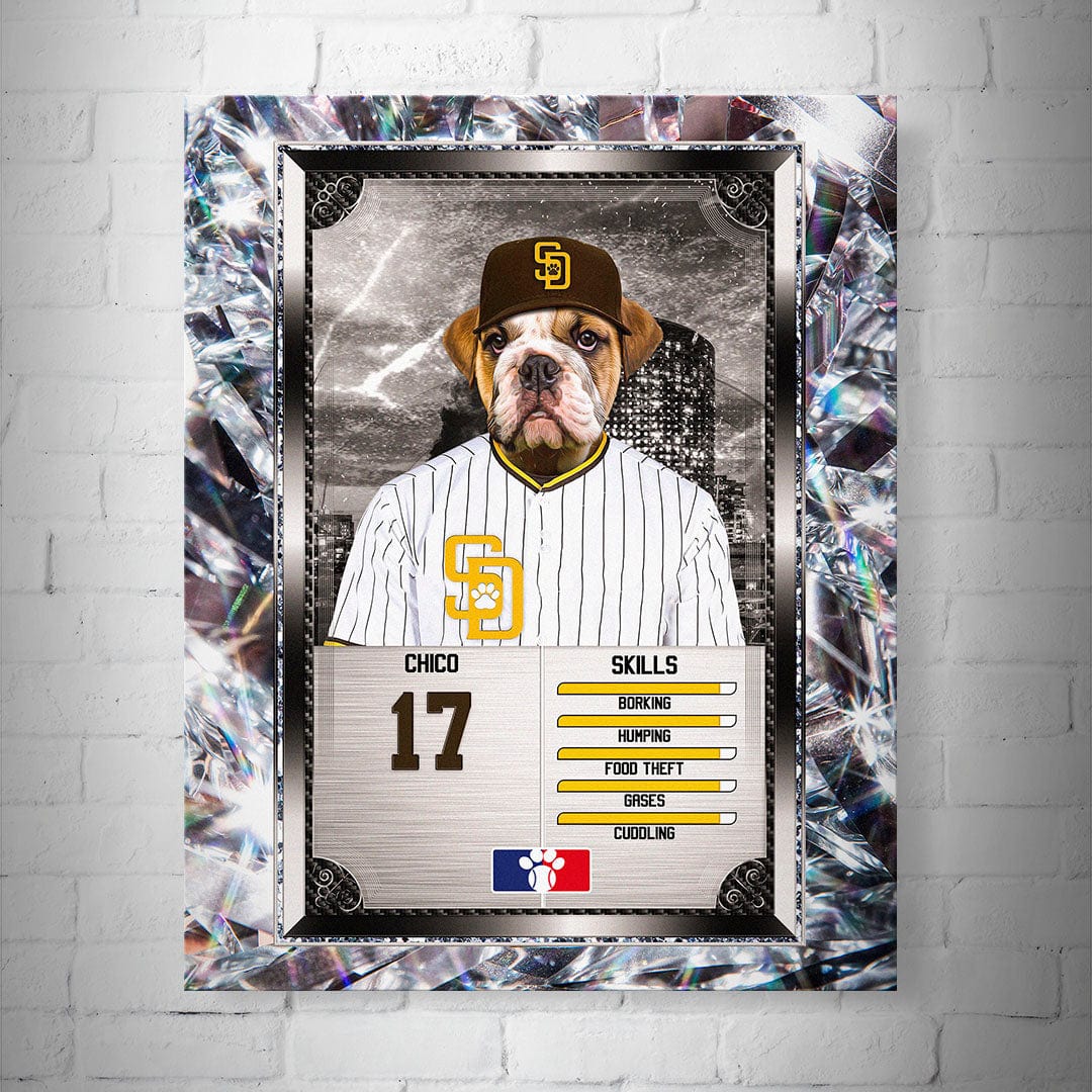 Personalized 8x10" matte poster featuring a bulldog in a San Diego Pawdres baseball uniform, framed by sparkling diamonds.