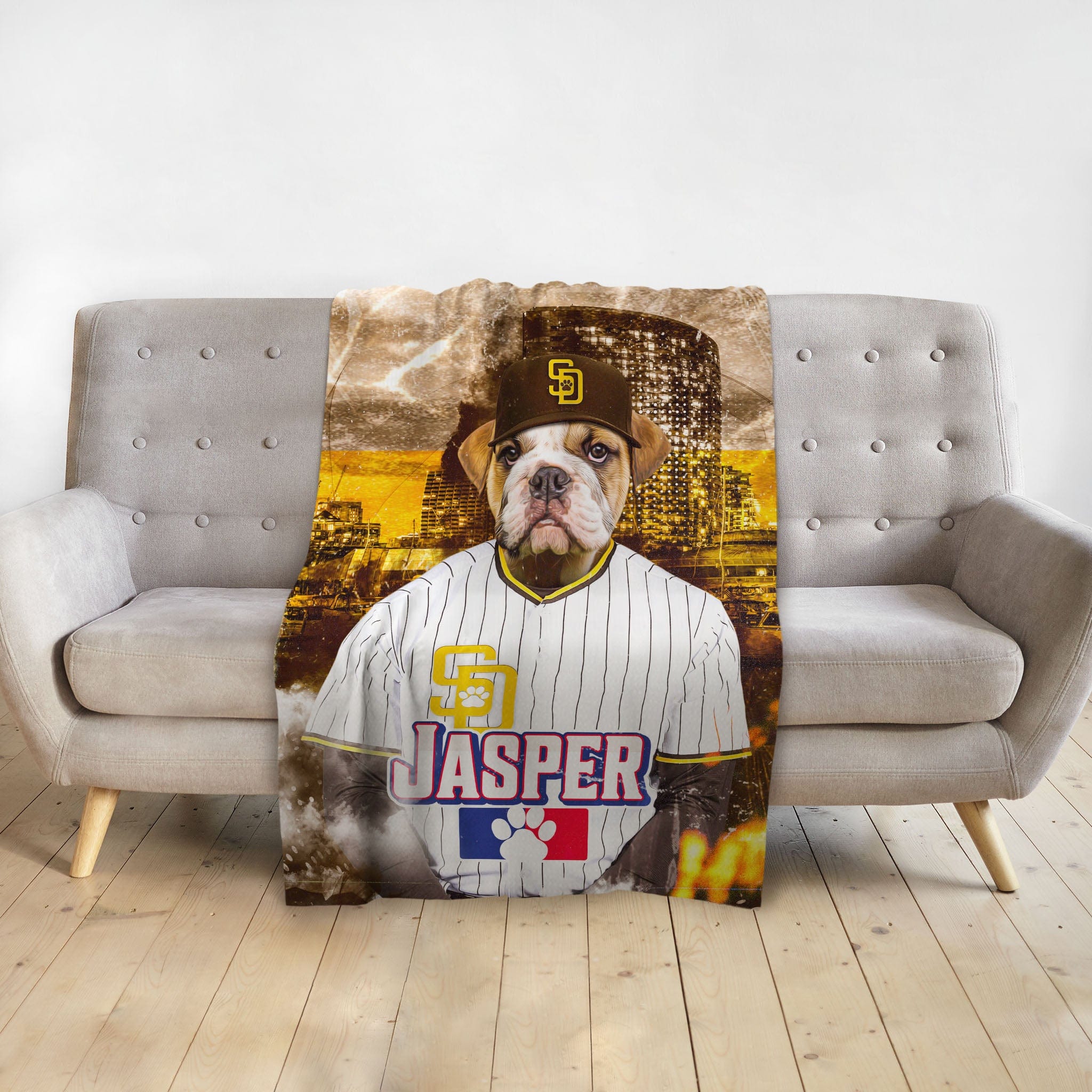 Personalized pet blanket with a bulldog in a San Diego Padres baseball uniform, named Jasper.