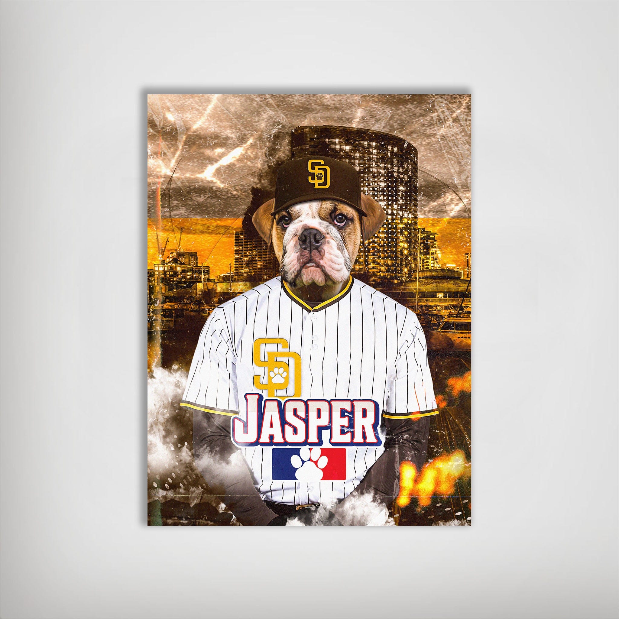 Personalized San Doggo Padres pet poster featuring a bulldog in a baseball uniform and cap against a city skyline.