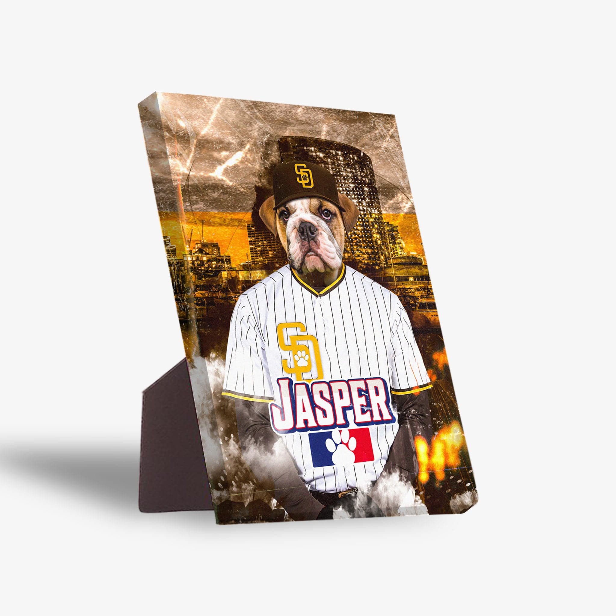 San Doggo Padres personalized pet standing canvas featuring a bulldog in a baseball uniform with "Jasper" on the front.