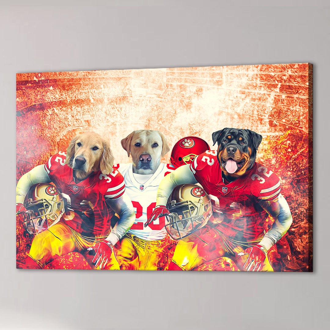 Personalized 'San Francisco 40Doggos' 3 pet canvas featuring dogs in football uniforms.