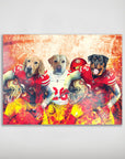 Personalized 3-pet poster featuring dogs in San Francisco 49ers football uniforms with a fiery background.