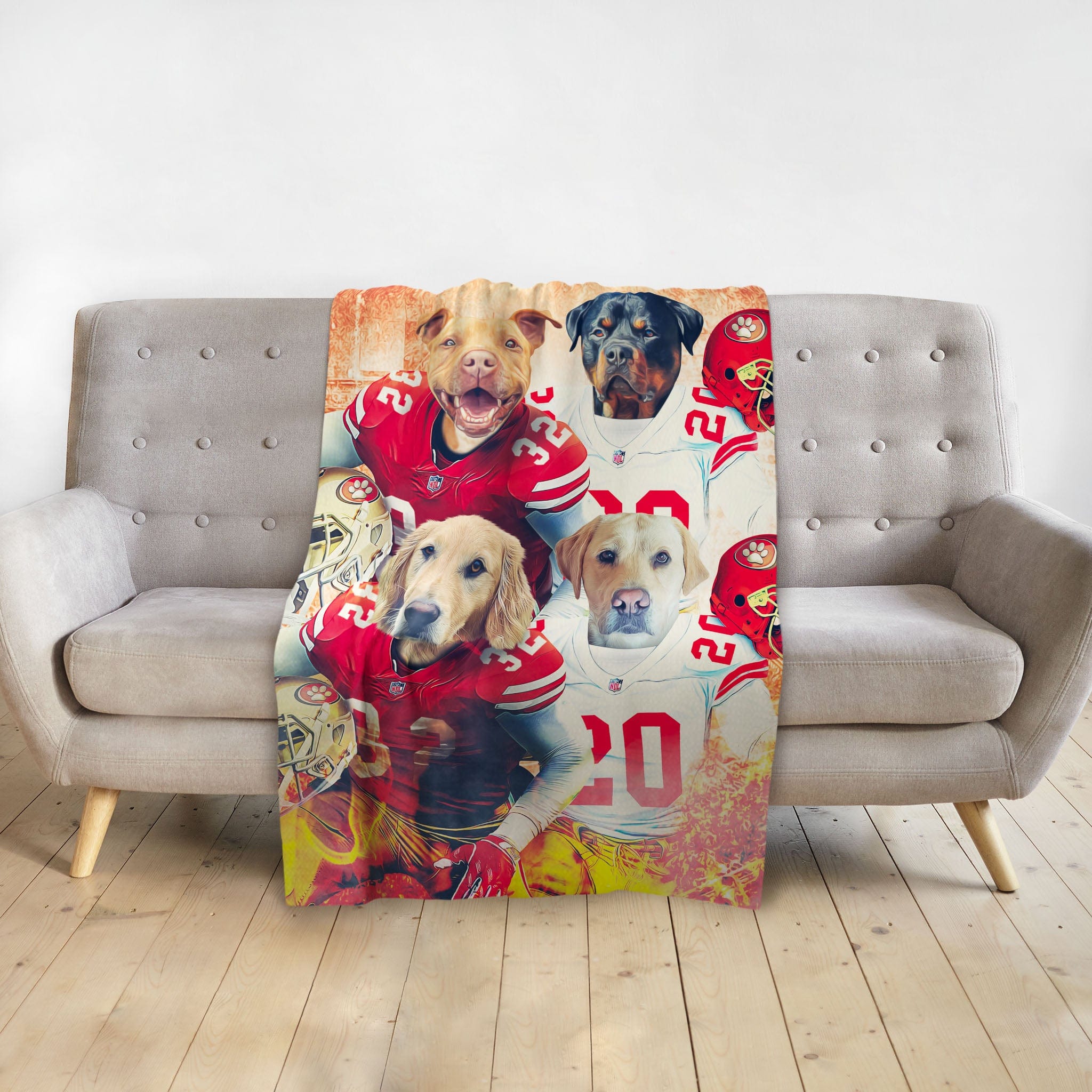 Personalized San Francisco 49ers football pet portrait blanket with four dogs.