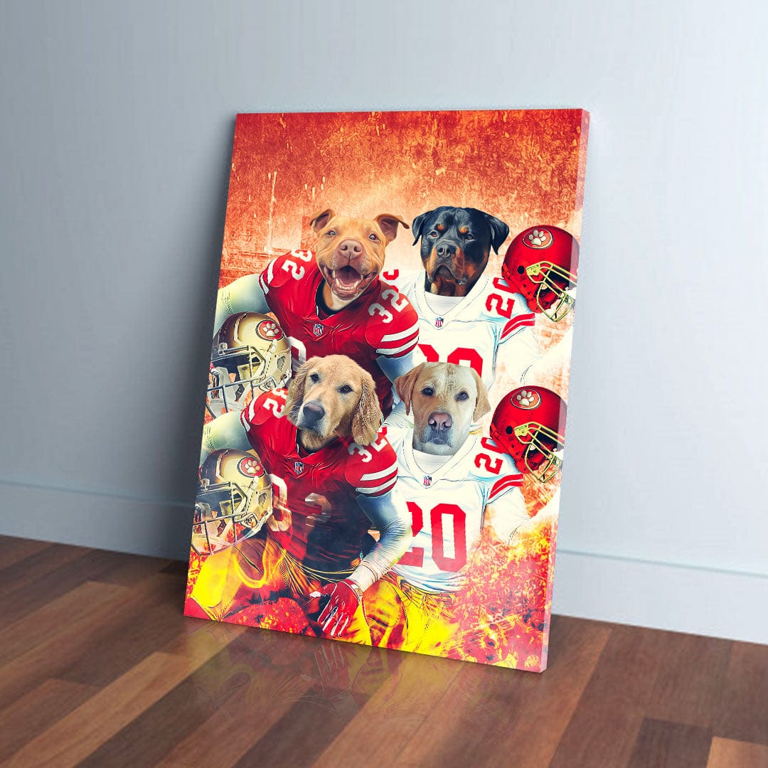 Personalized San Francisco 40Doggos canvas featuring four pets as football players in red jerseys.