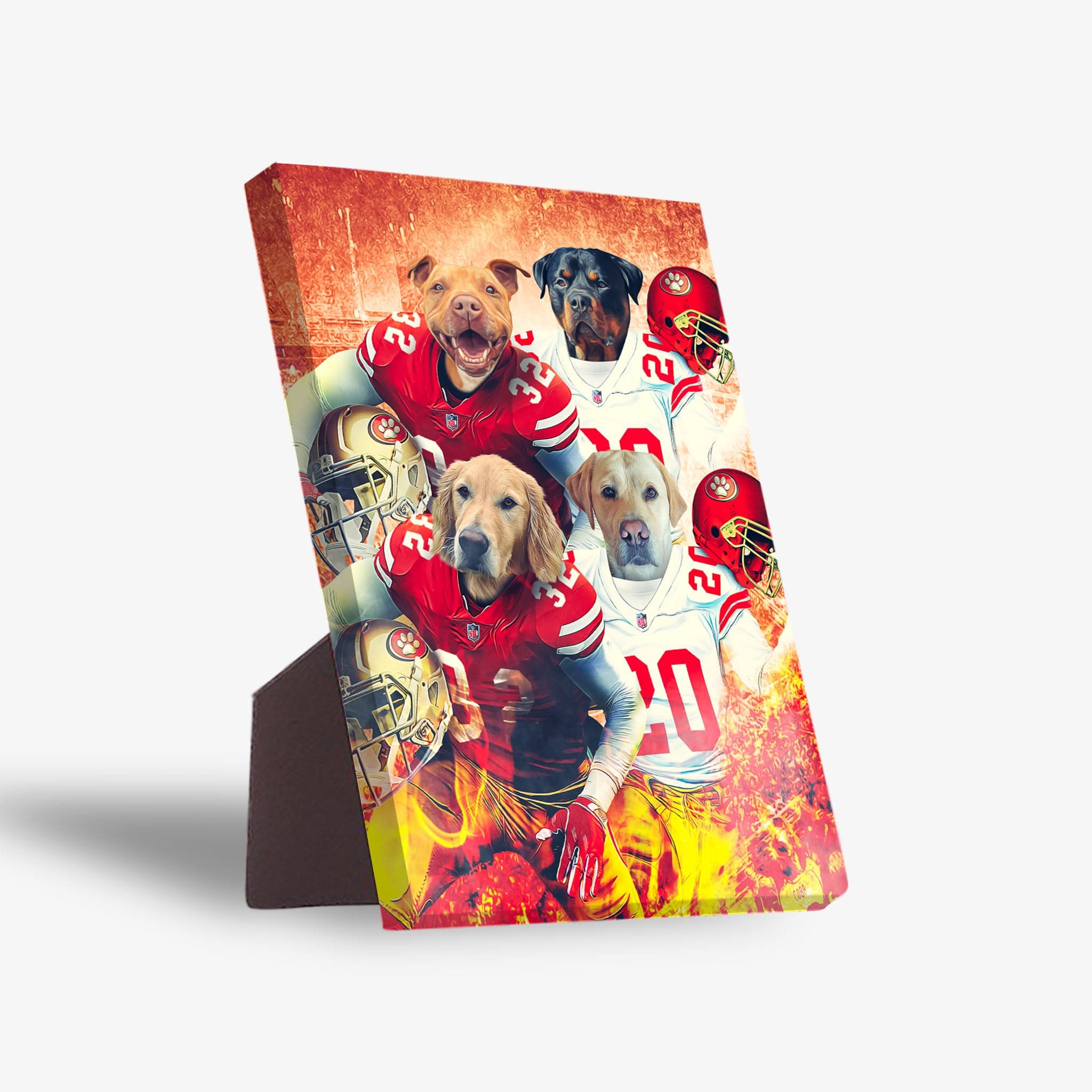 Personalized 4-pet standing canvas featuring dogs in San Francisco 49ers football uniforms with fiery background.