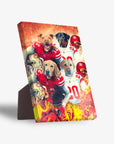 Personalized 4-pet standing canvas featuring dogs in San Francisco 49ers football uniforms with fiery background.