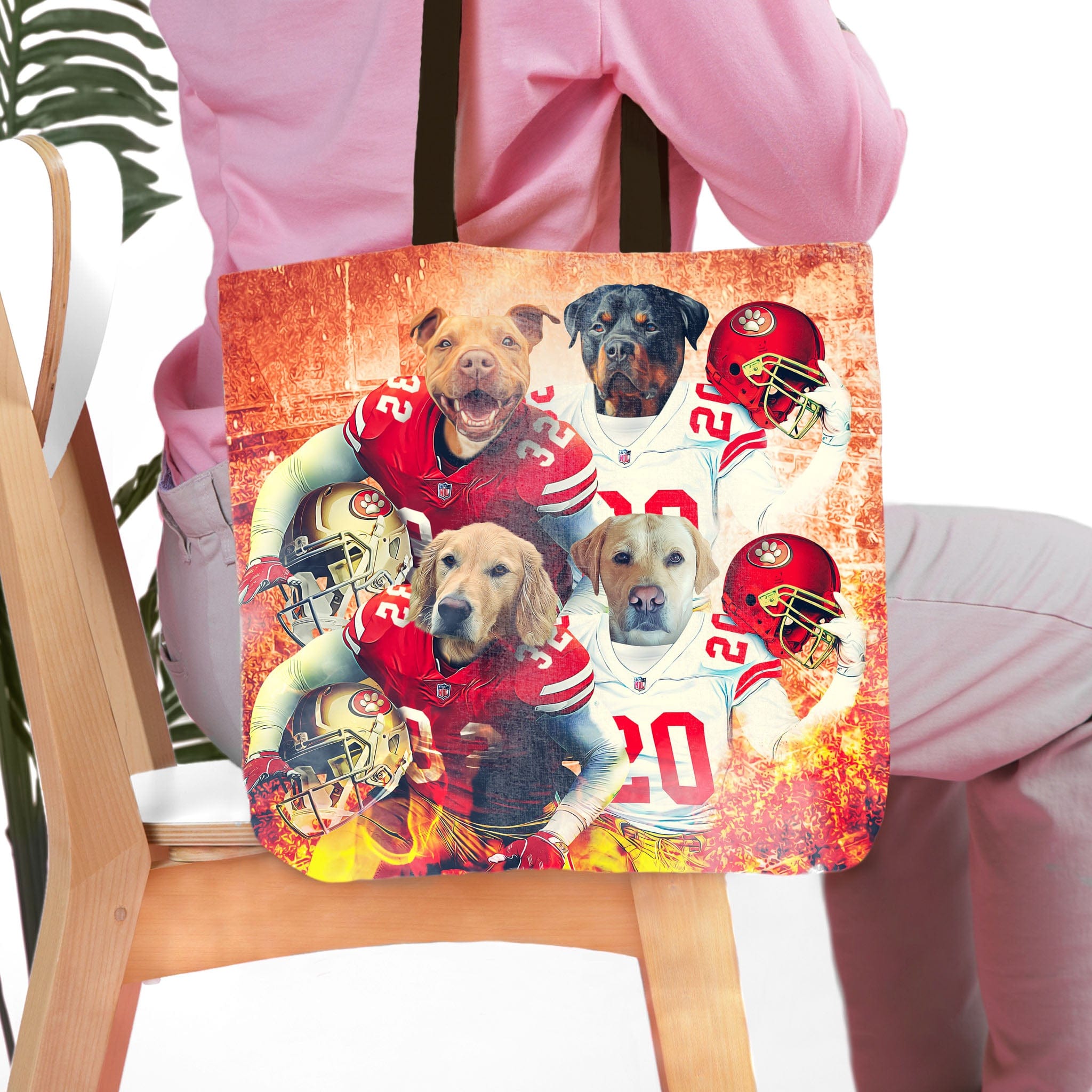 Personalized 4-pet tote bag featuring dogs in football uniforms against a fiery background.