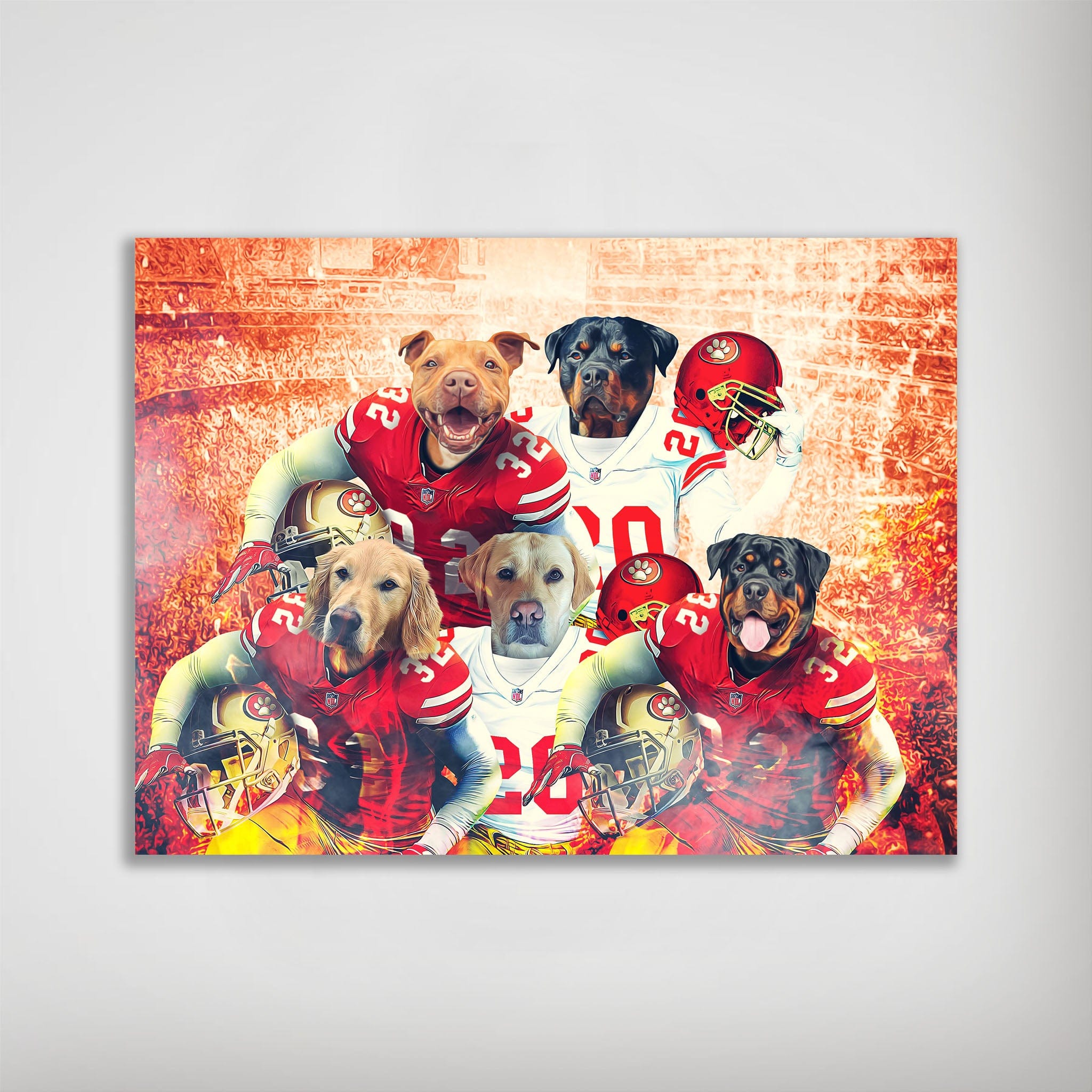 Personalized 5-pet poster featuring dogs in San Francisco 49ers football uniforms against a stadium backdrop.
