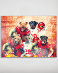 Personalized 5-pet poster featuring dogs in San Francisco 49ers football uniforms against a stadium backdrop.