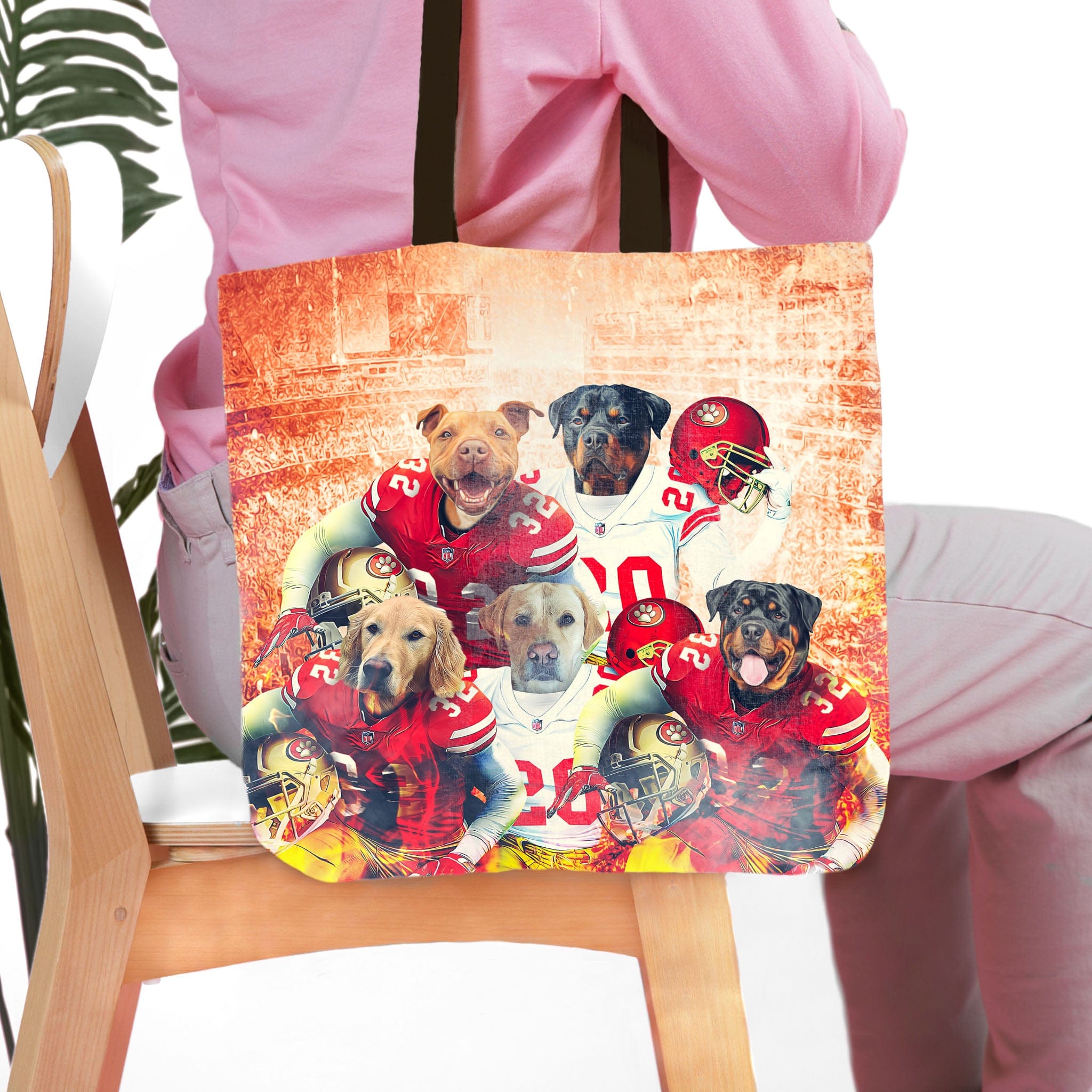 Personalized 5-pet tote bag with dogs in San Francisco 49ers football uniforms.