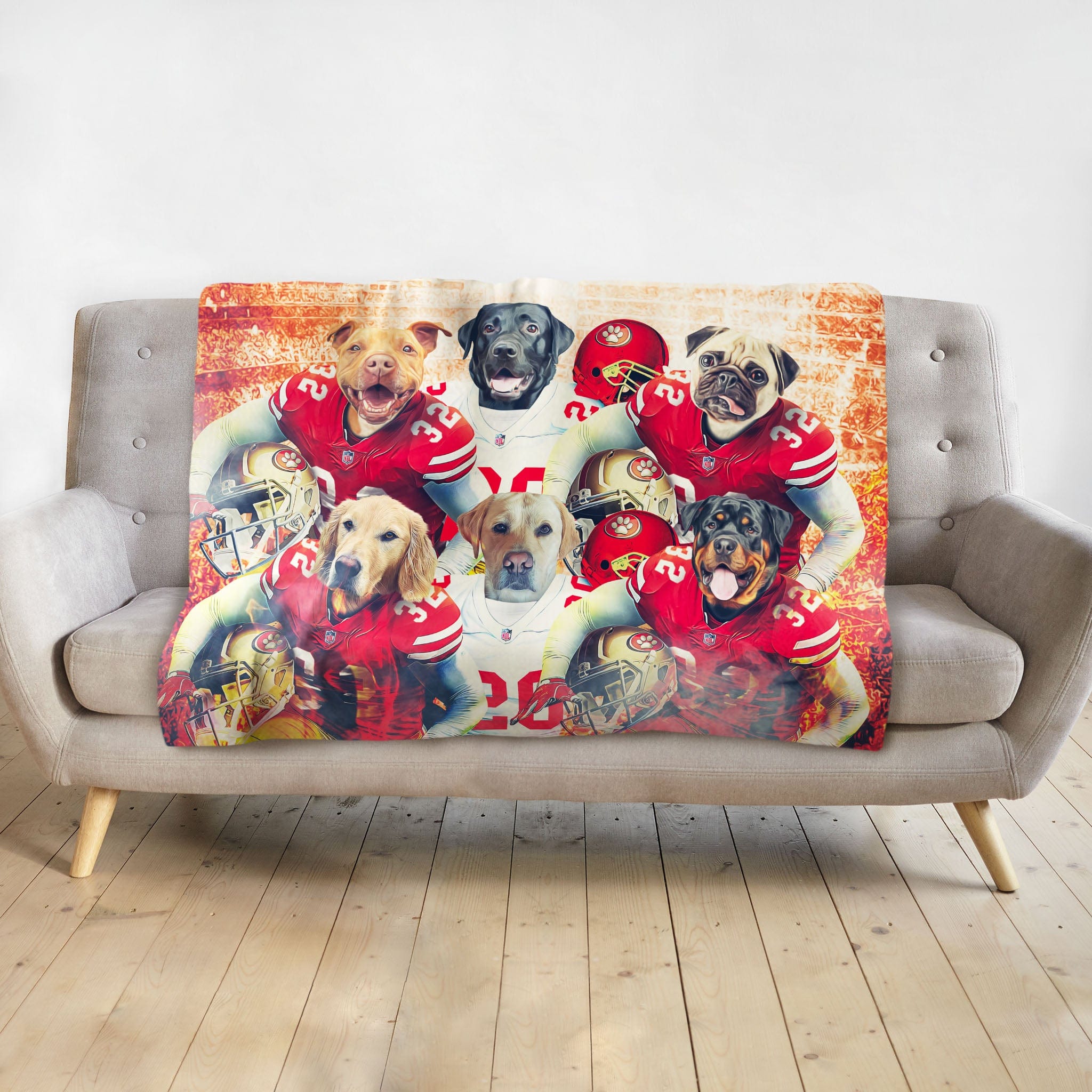 Personalized San Francisco 40Doggos pet blanket with six dogs in football uniforms.