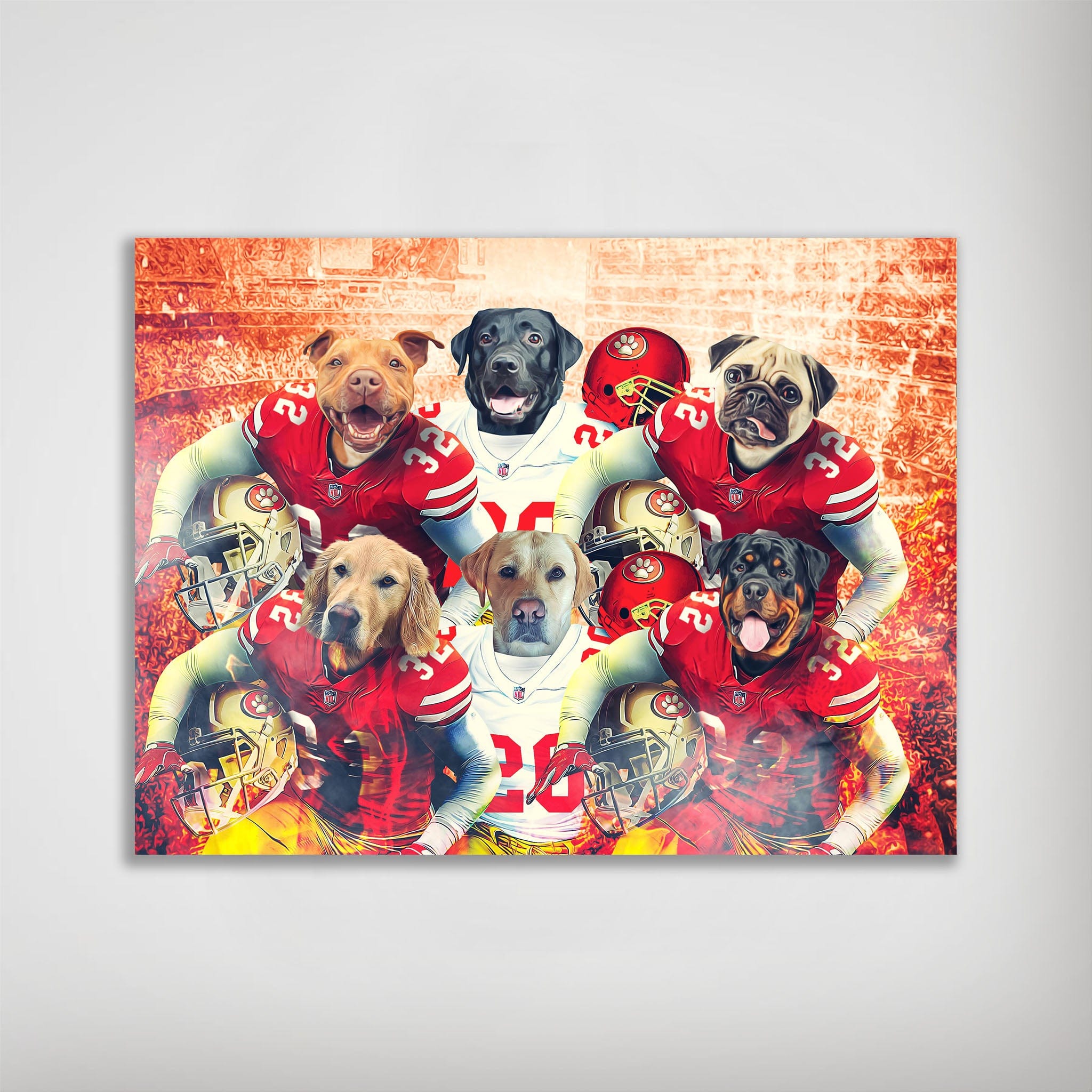 Personalized San Francisco 40Doggos poster featuring six pets in red and white football uniforms.