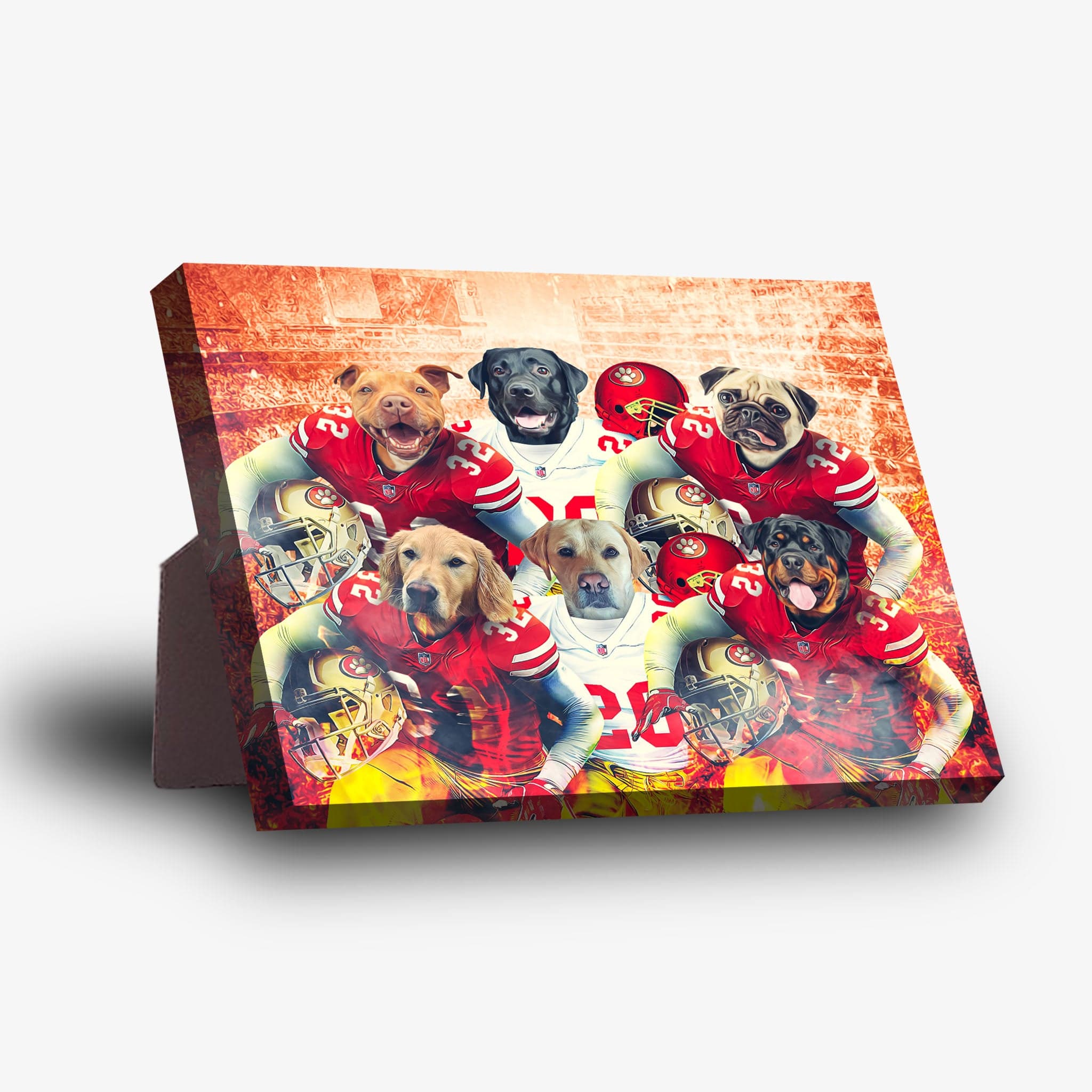 Personalized 'San Francisco 40Doggos' 6-pet standing canvas featuring dogs in red football jerseys.