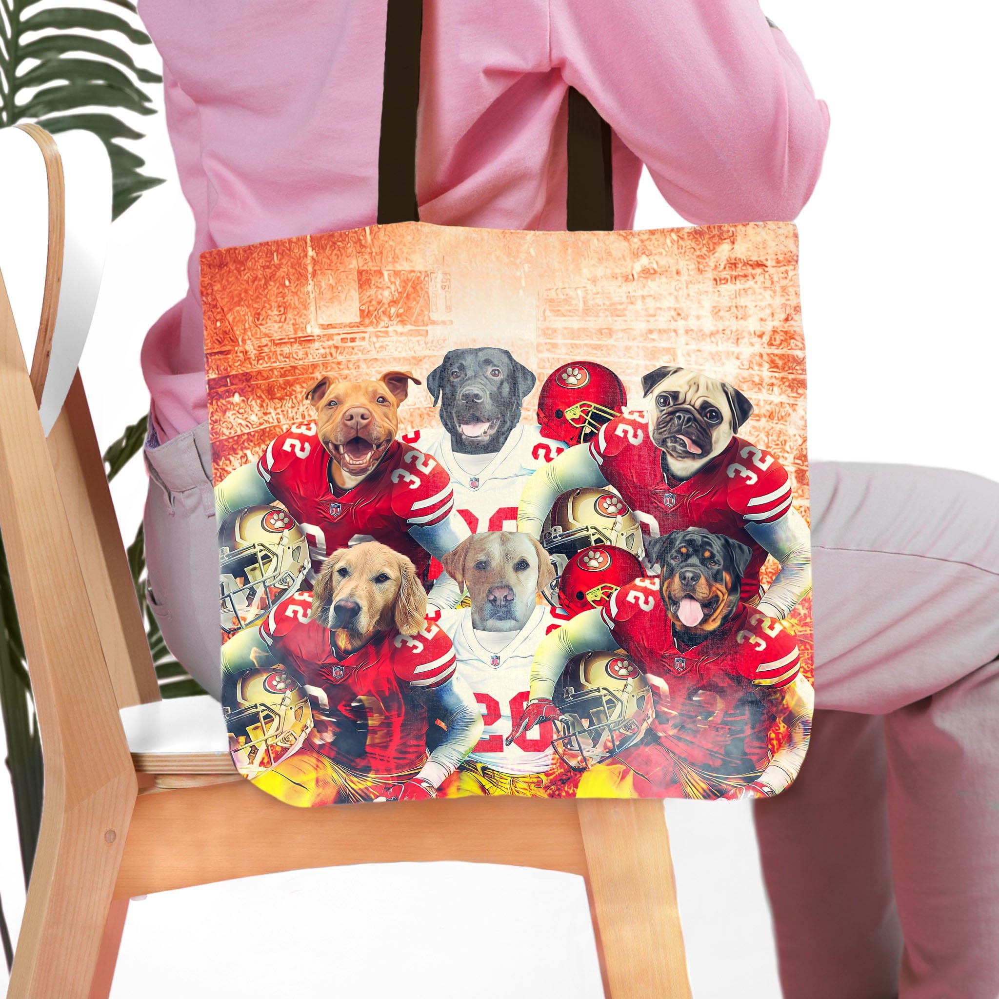 Personalized 6-pet tote bag featuring dogs in football uniforms against a brick background.