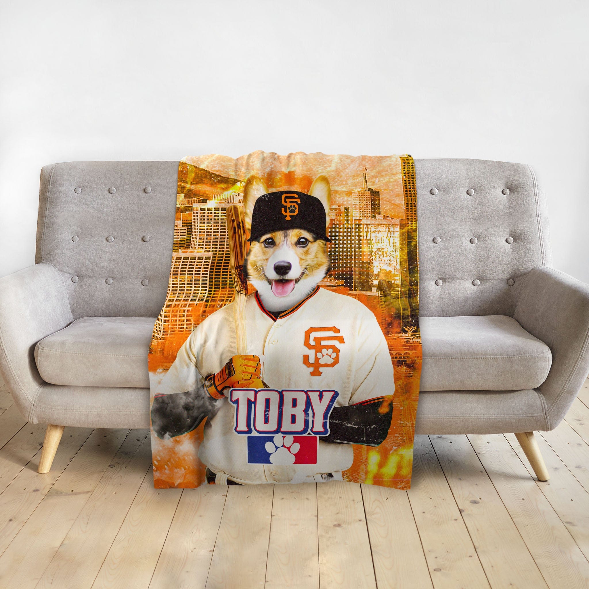 Personalized pet blanket featuring a corgi in a San Francisco Giants baseball uniform with "Toby" printed.