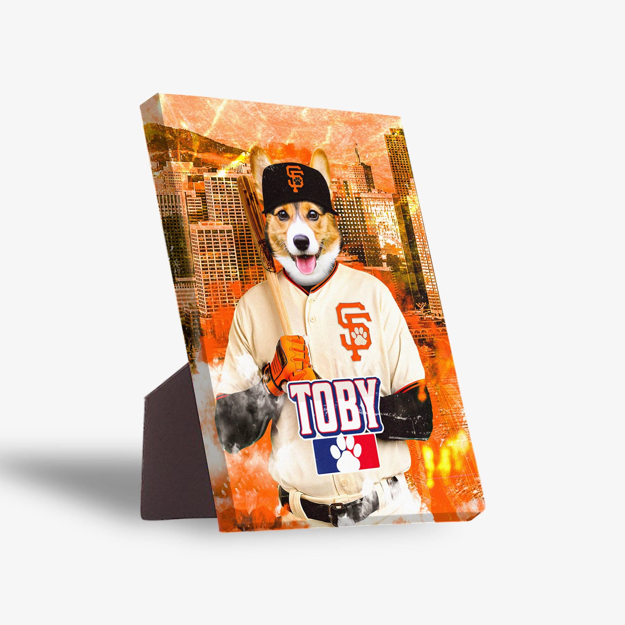 Personalized pet canvas featuring a corgi in a San Francisco Giants baseball uniform, holding a bat, with city skyline background.