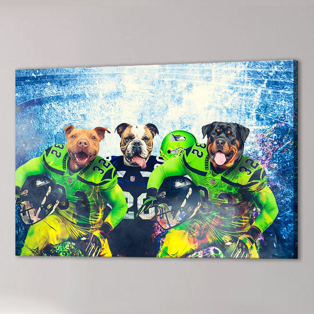 Personalized 3-pet canvas featuring a pit bull, bulldog, and rottweiler in green and blue football uniforms.