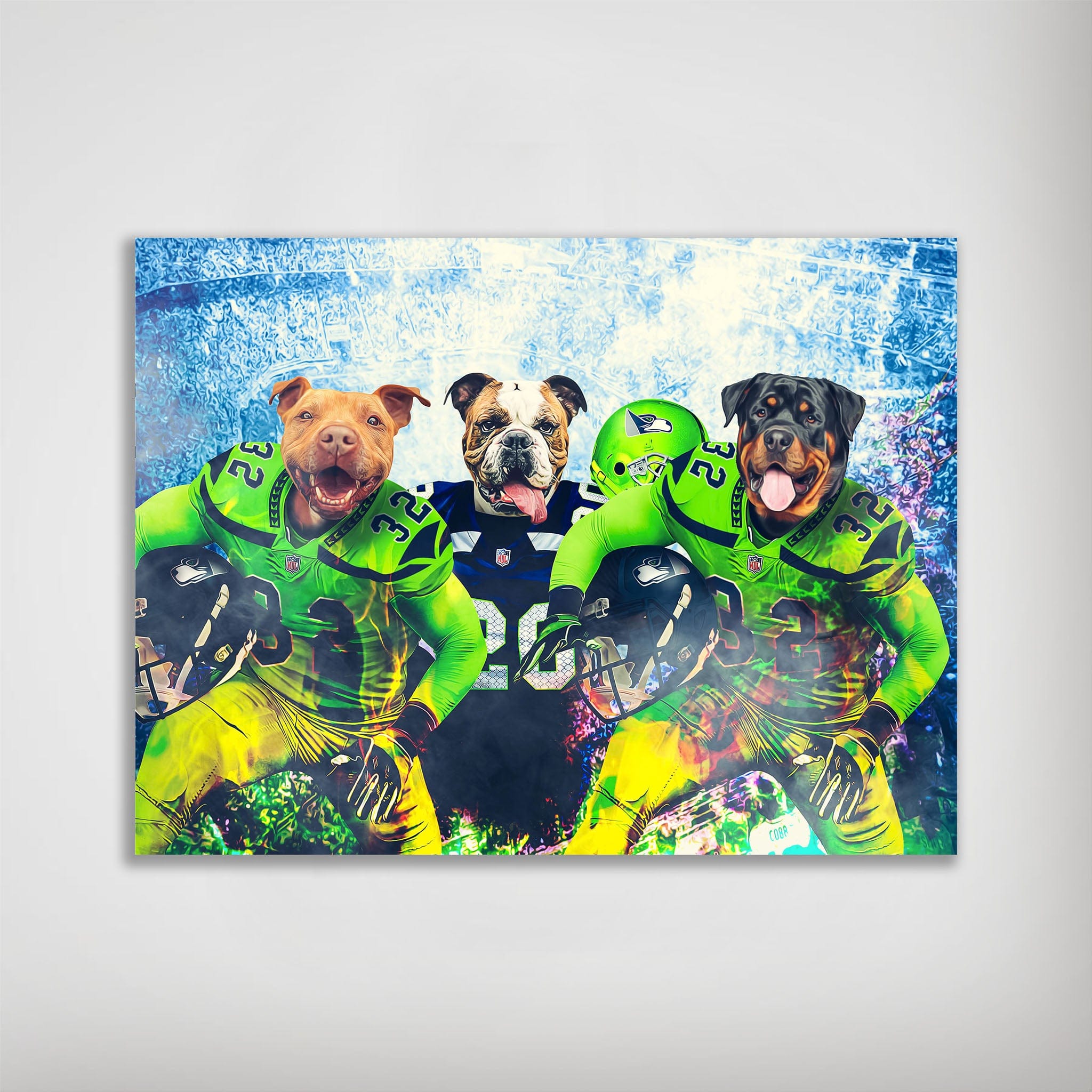 Personalized 3-pet poster featuring a pit bull, bulldog, and rottweiler in green and blue football uniforms.