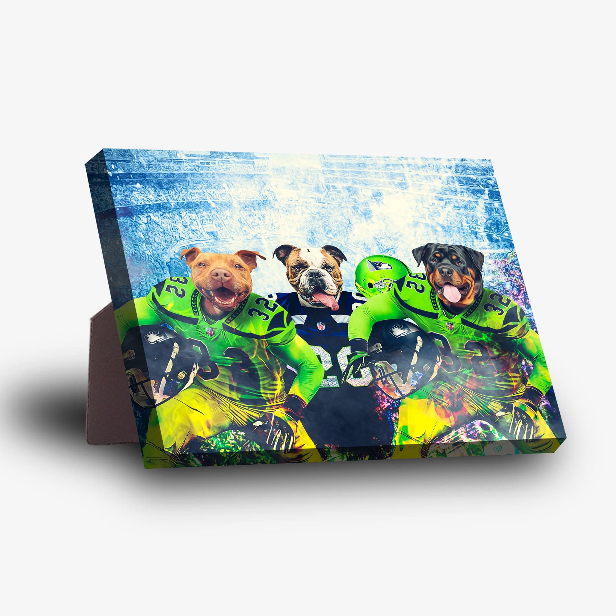 Personalized 'Seattle Doggos' 3-pet standing canvas featuring dogs in football uniforms.