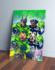 Personalized 'Seattle Doggos' canvas featuring four pets as football players in green and blue jerseys.