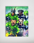 Personalized 'Seattle Doggos' 4 pet poster featuring dogs in football jerseys and helmets.