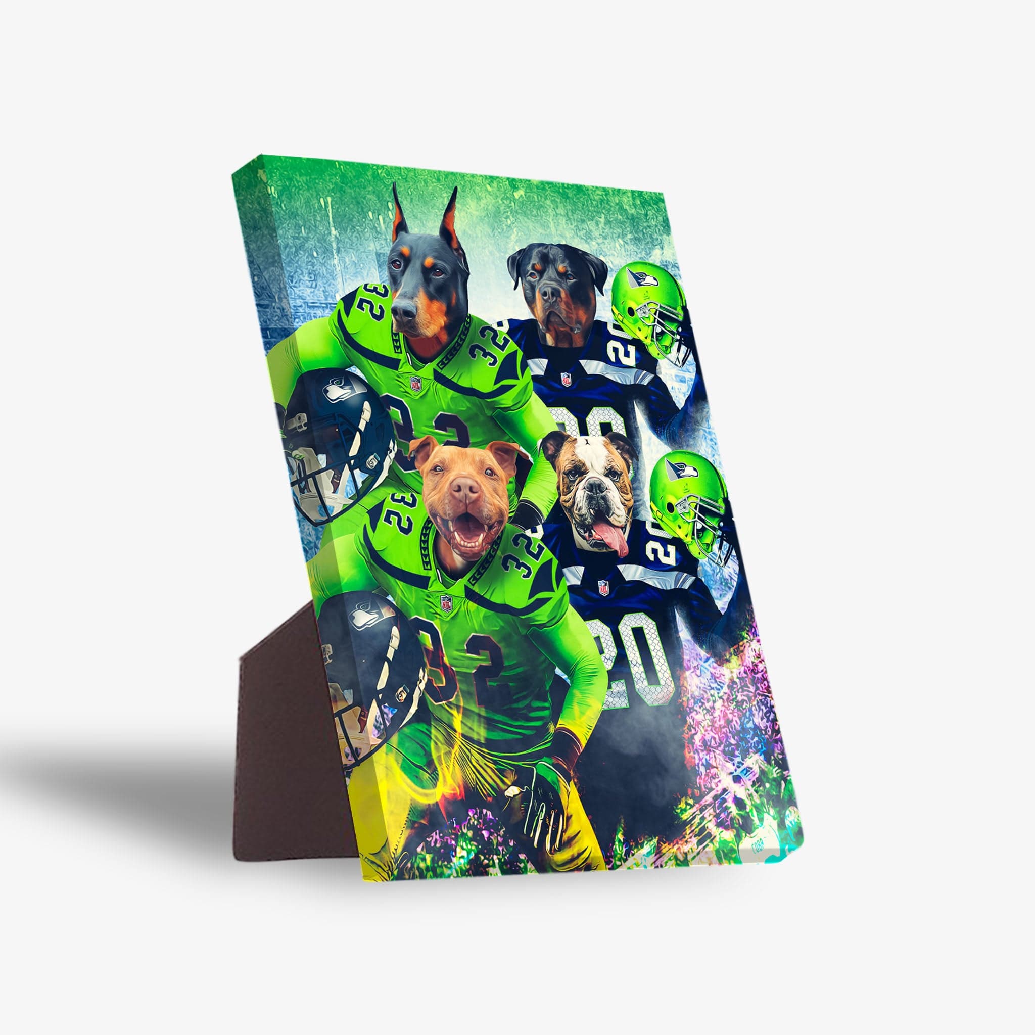Personalized 'Seattle Doggos' standing canvas featuring four pets in football jerseys with helmets.