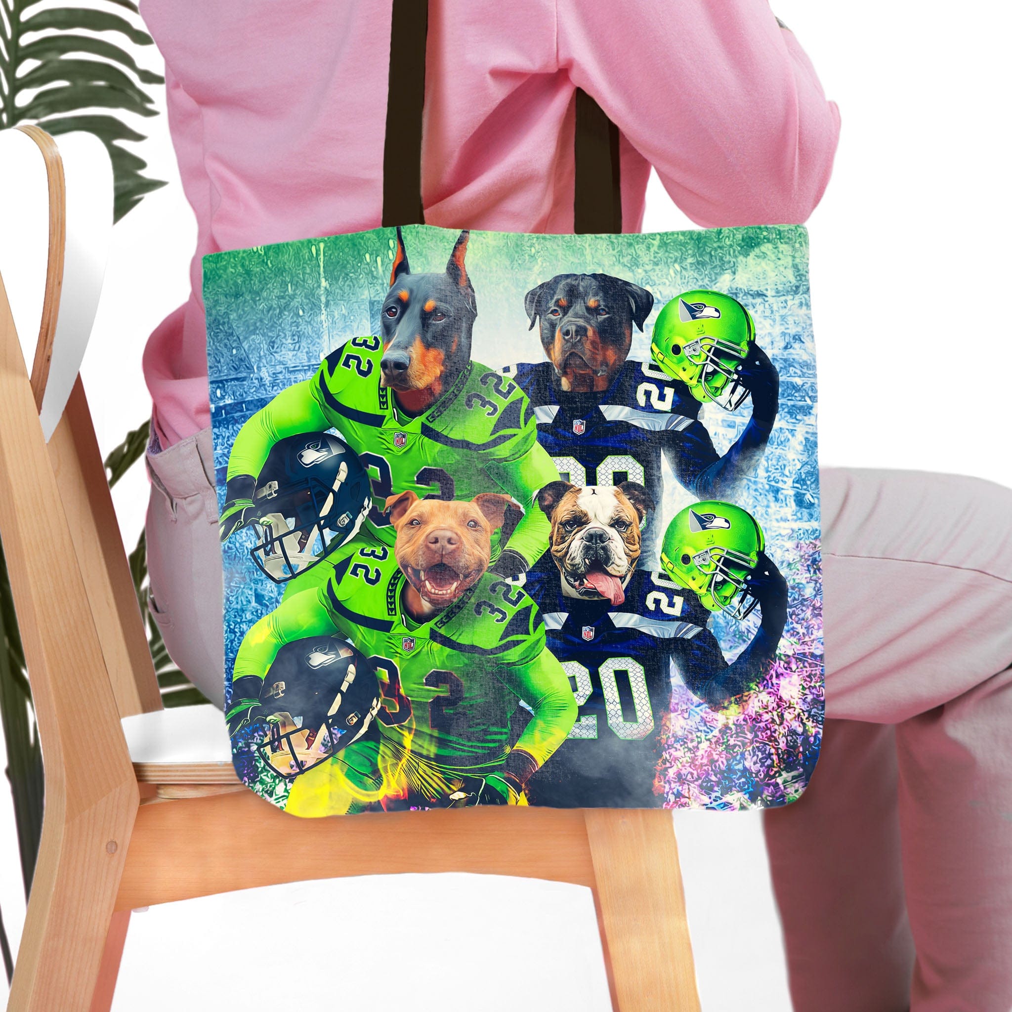 Personalized 4-pet tote bag with custom dog portraits in green football jerseys.