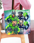 Personalized 4-pet tote bag with custom dog portraits in green football jerseys.
