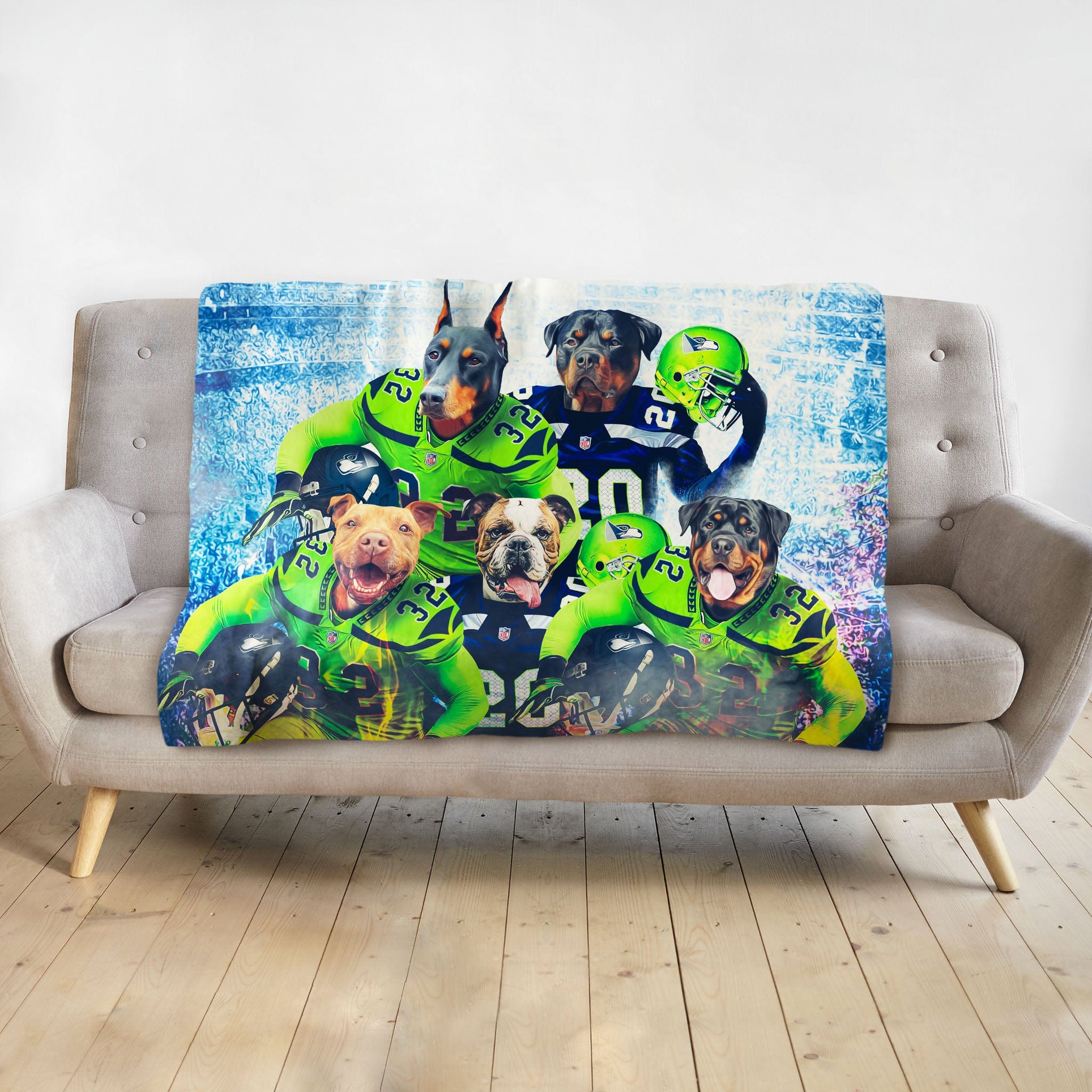 Personalized 5-pet blanket with dogs in Seattle football uniforms.