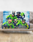 Personalized 5-pet blanket with dogs in Seattle football uniforms.