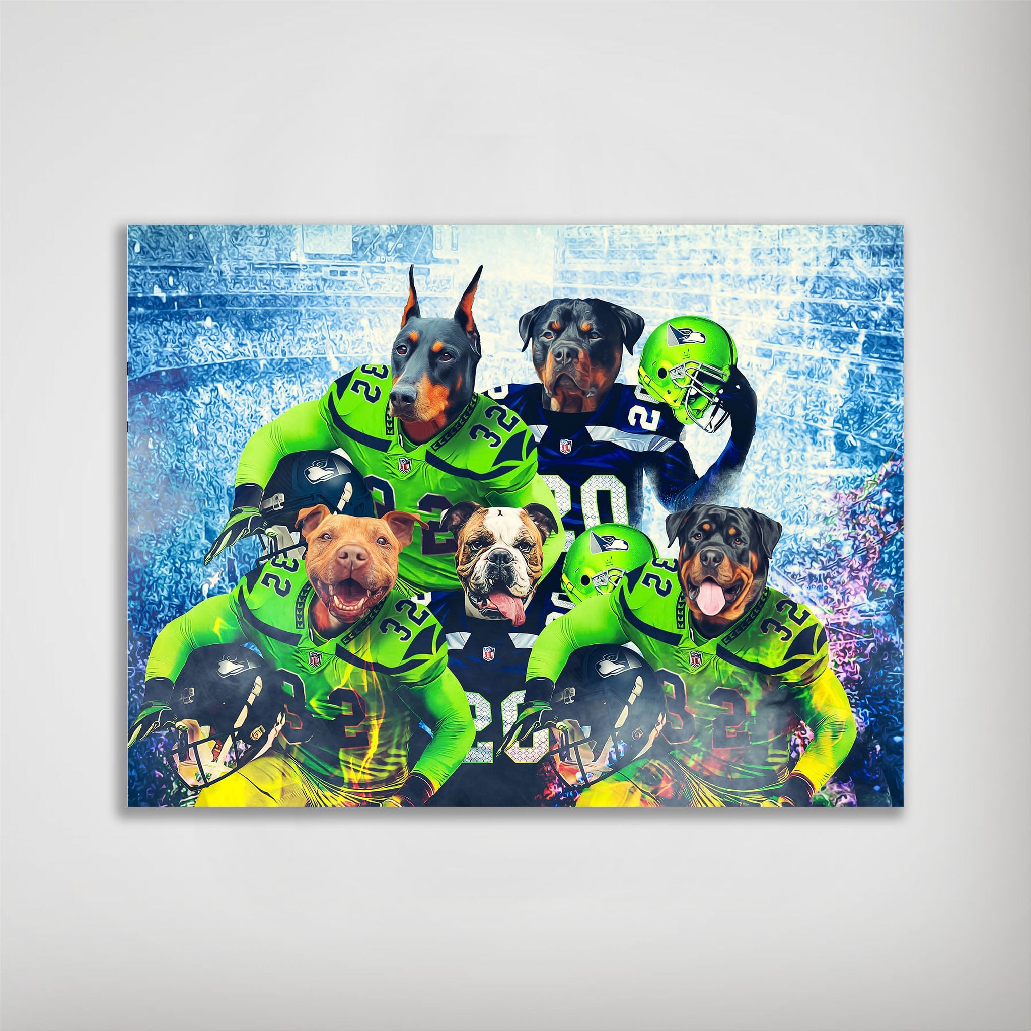 Personalized 5-pet poster featuring dogs in green and blue Seattle football jerseys on a stadium background.