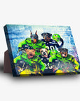 Personalized 5-pet standing canvas featuring dogs in green and blue football uniforms.