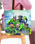Personalized 5-pet tote bag featuring dogs in Seattle football uniforms.