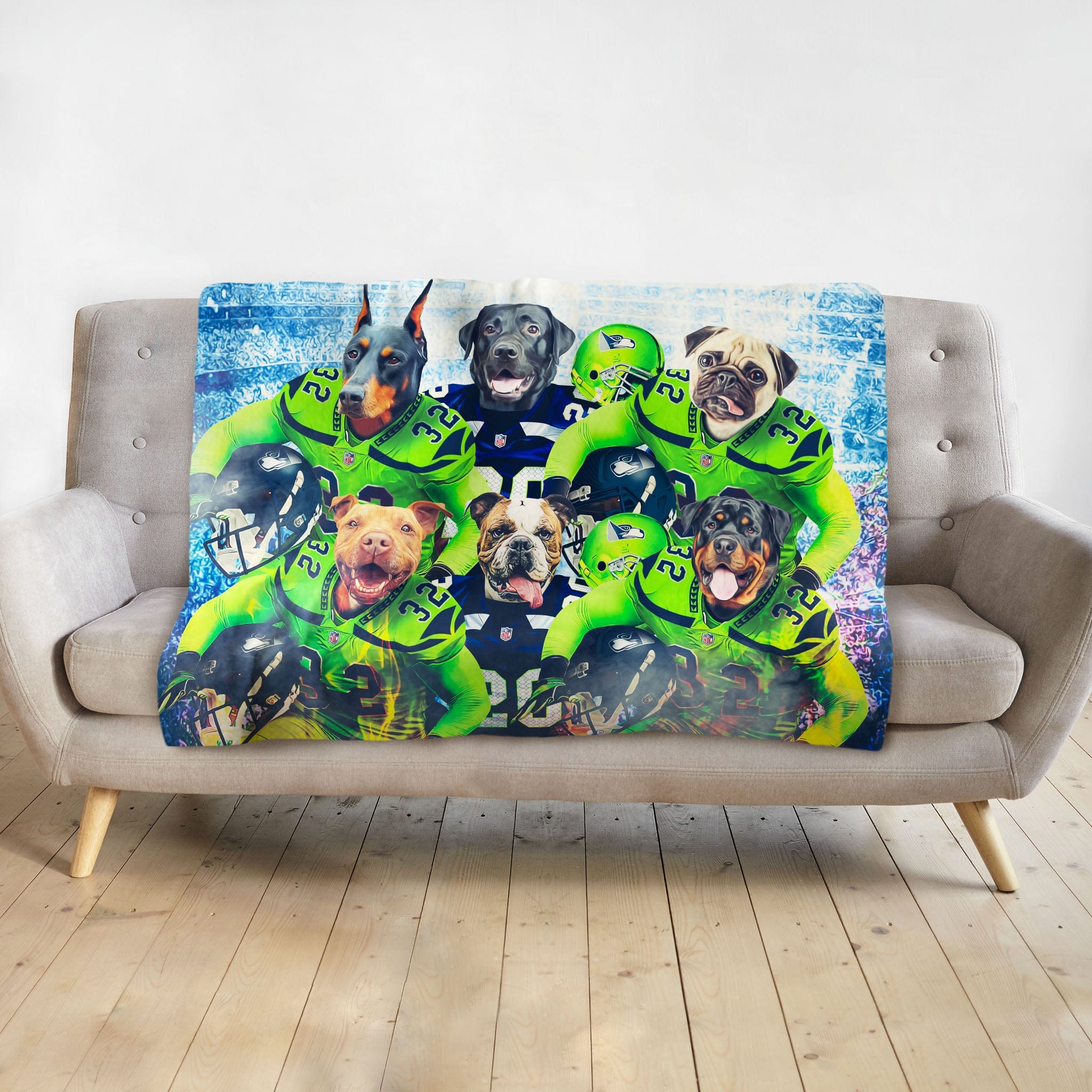 Personalized pet blanket with six dogs in green and blue football uniforms.