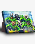 Personalized 'Seattle Doggos' 6-pet standing canvas featuring dogs in football uniforms with a sturdy stand.