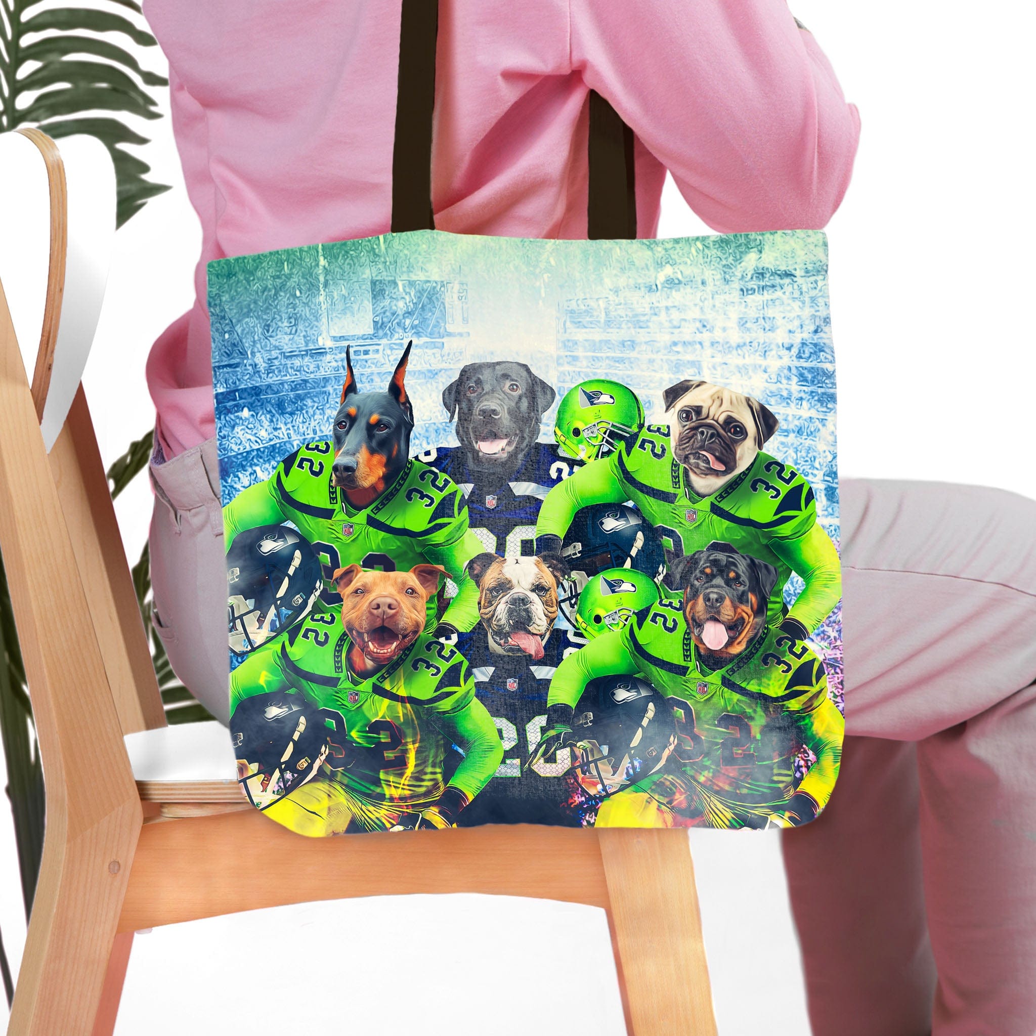 Personalized tote bag with six custom pet portraits as football players in green jerseys.