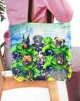 Personalized tote bag with six custom pet portraits as football players in green jerseys.