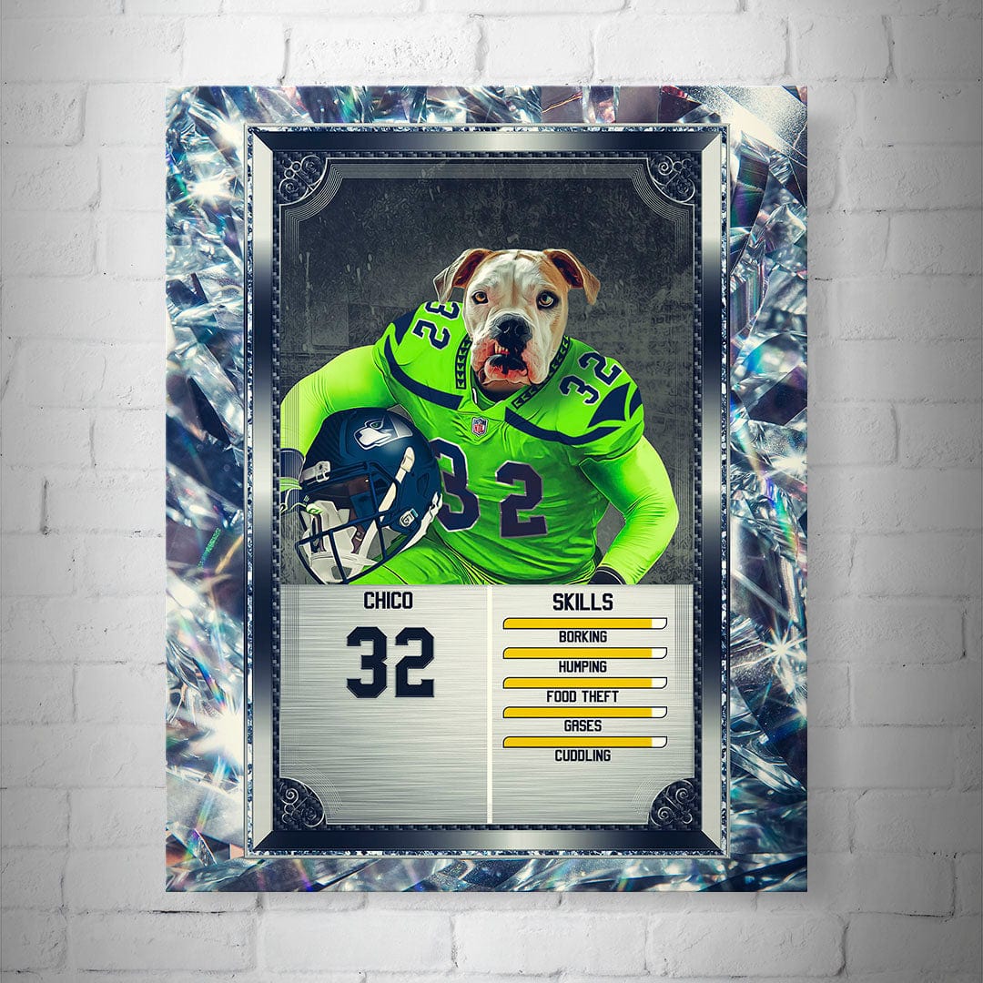 Personalized 8x10" matte poster featuring a bulldog in a green football jersey, number 32, with skill ratings.