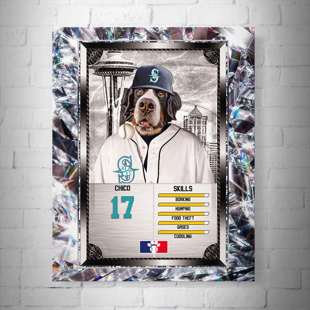 Personalized 8x10" Seattle Mariners pet baseball trading card poster featuring a dog in a jersey and cap, framed by sparkling diamonds.