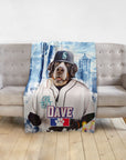 Personalized pet blanket featuring a Bernese Mountain Dog in a Seattle Mariners baseball uniform.