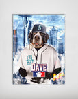 Personalized Seattle Mariners Doggos pet poster featuring a Bernese Mountain Dog in a baseball uniform with "DAVE" on it.