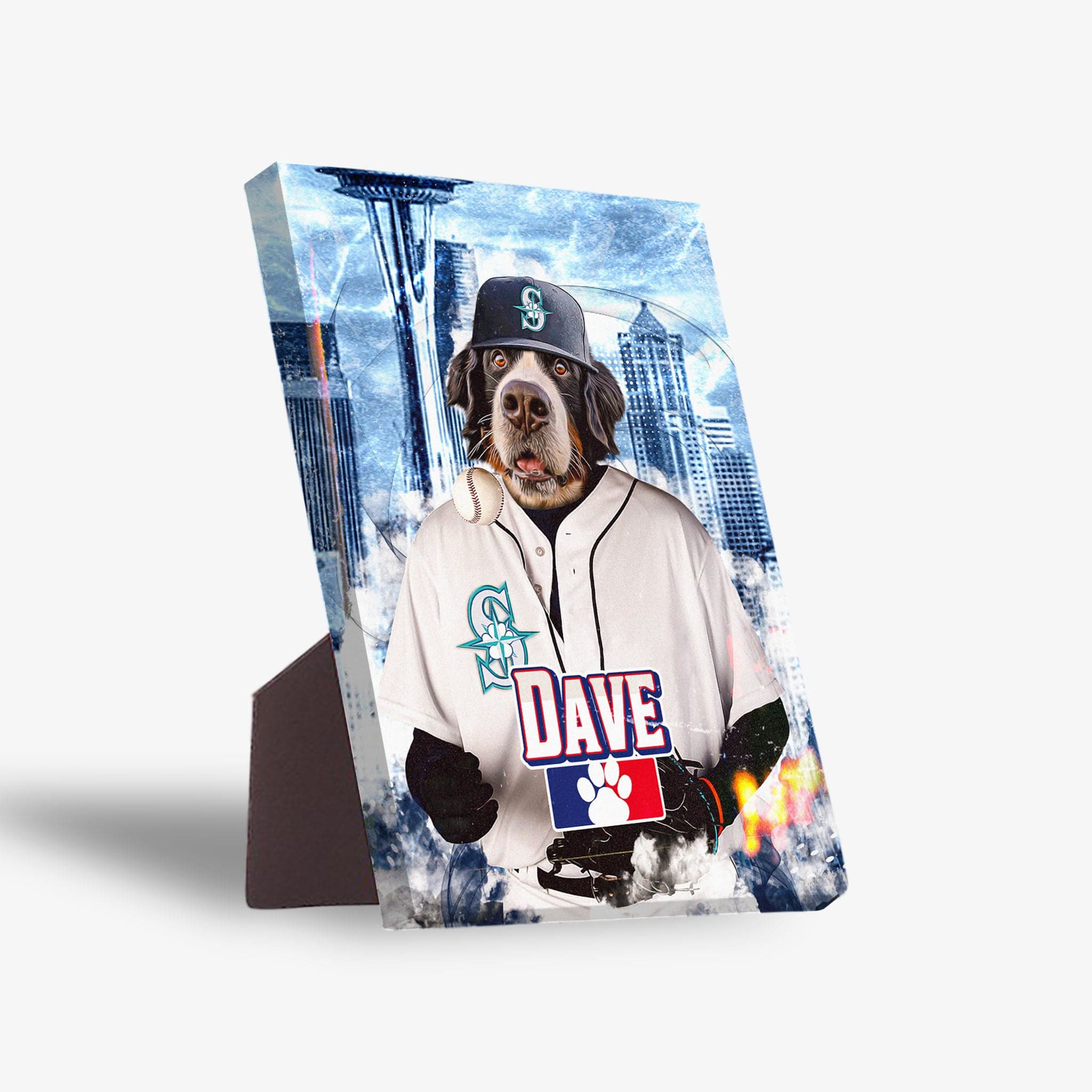 Personalized pet portrait canvas featuring a Bernese Mountain Dog in a Mariners baseball uniform with "DAVE" on a paw print sign.