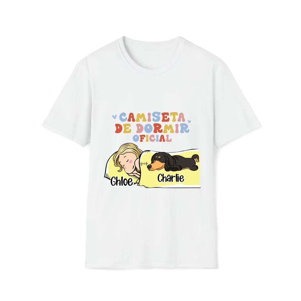 White cotton t-shirt with a blonde woman and black dachshund sleeping, personalized with "Chloe" and "Charlie.