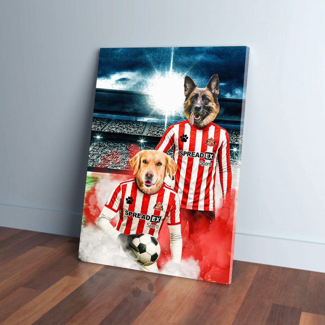 Custom pet canvas featuring a Golden Retriever and German Shepherd in red and white Sunderland football kits.