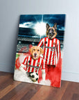 Custom pet canvas featuring a Golden Retriever and German Shepherd in red and white Sunderland football kits.