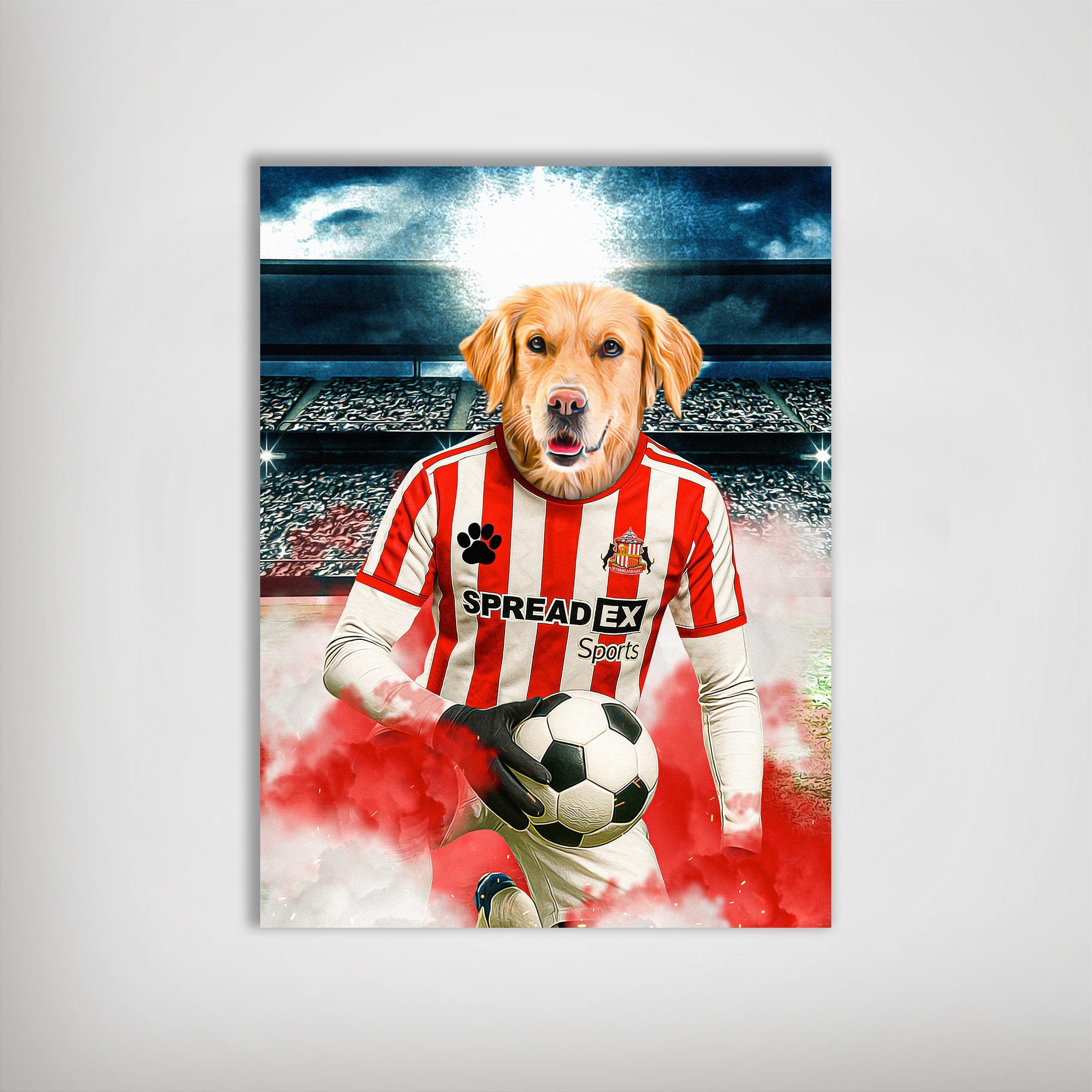 Personalized matte poster featuring a golden retriever in a red and white striped Sunderland football kit, holding a soccer ball.