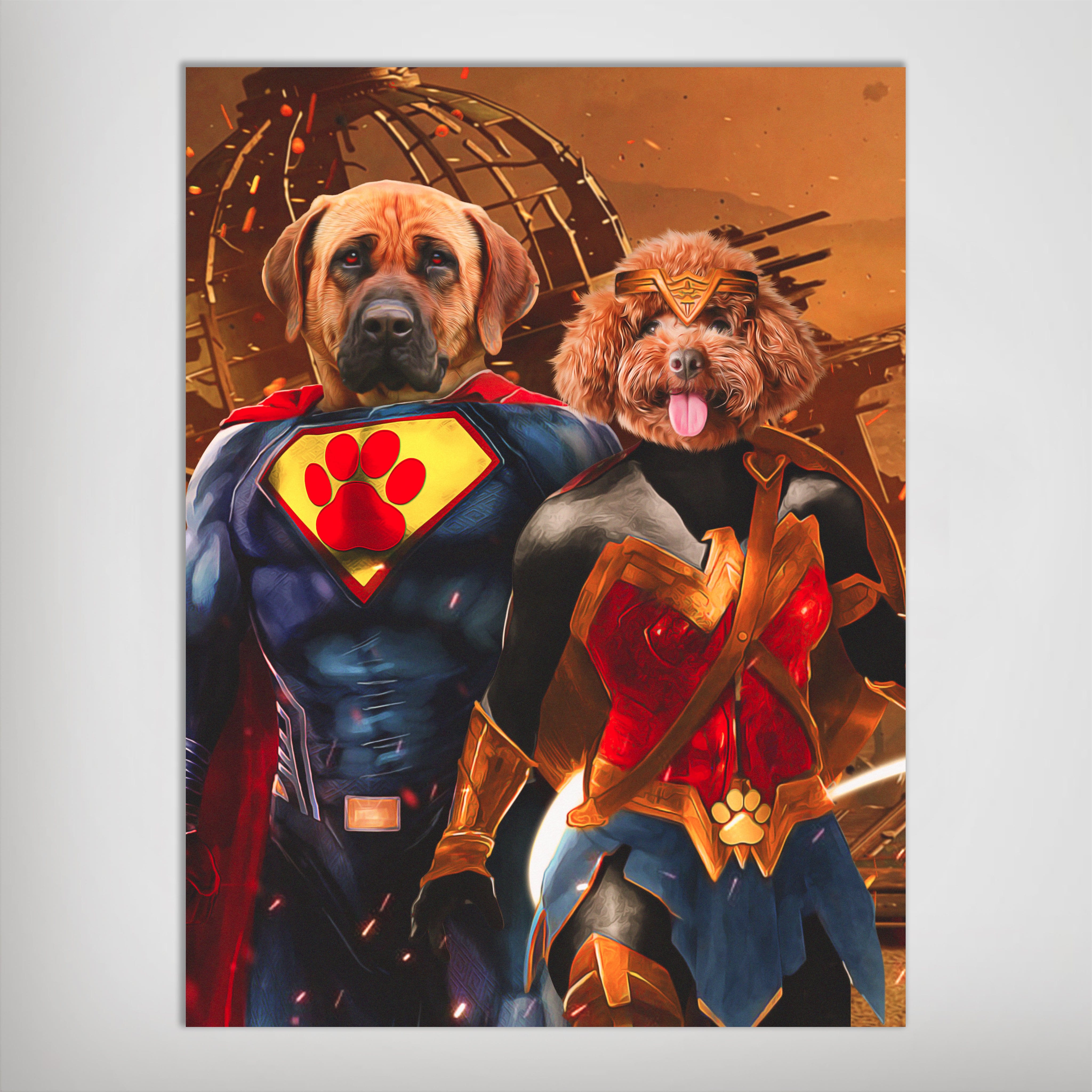 Mini retrato personalizado de dos mascotas &#39;Superdog &amp;amp; Wonder Doggette&#39;